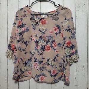 Marisol Womens Floral Blouse Size Large Tan Crochet Sleeve Sheer Lightweight
